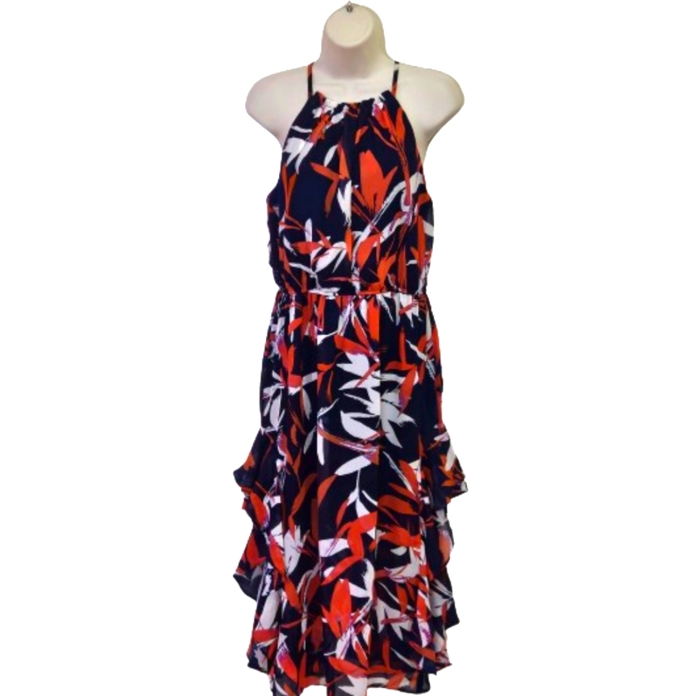 VINCE CAMUTO Blue/Red Multi-Color Tropical Halter Ruffle Midi Dress,Size 6